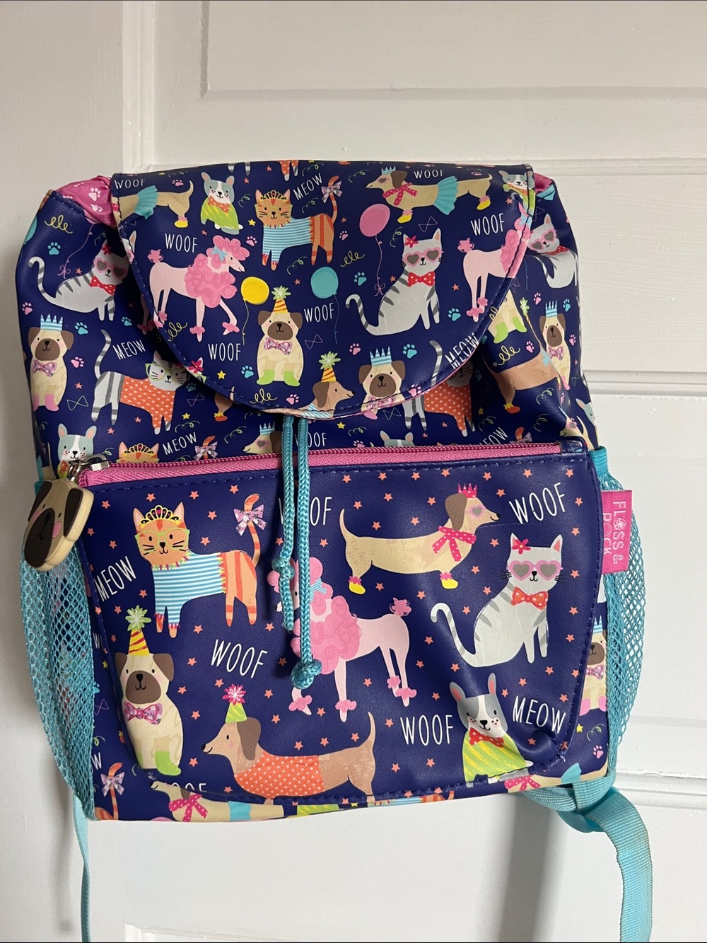 Kids Navy Backpack with Playful Dog & Cat Print